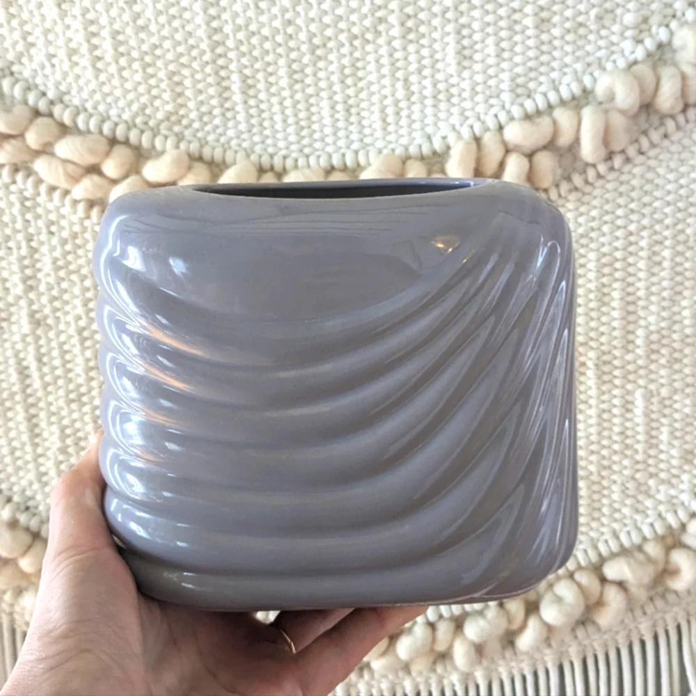 1980s Contemporary Gray Square Ceramic Vase / Accent Piece Raised Stripe Design